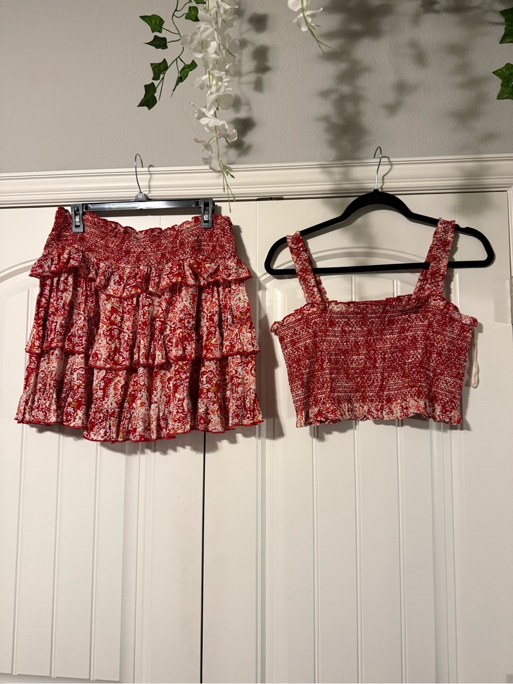 Free People Red Floral Smocked Ruffle Mini Skirt Set